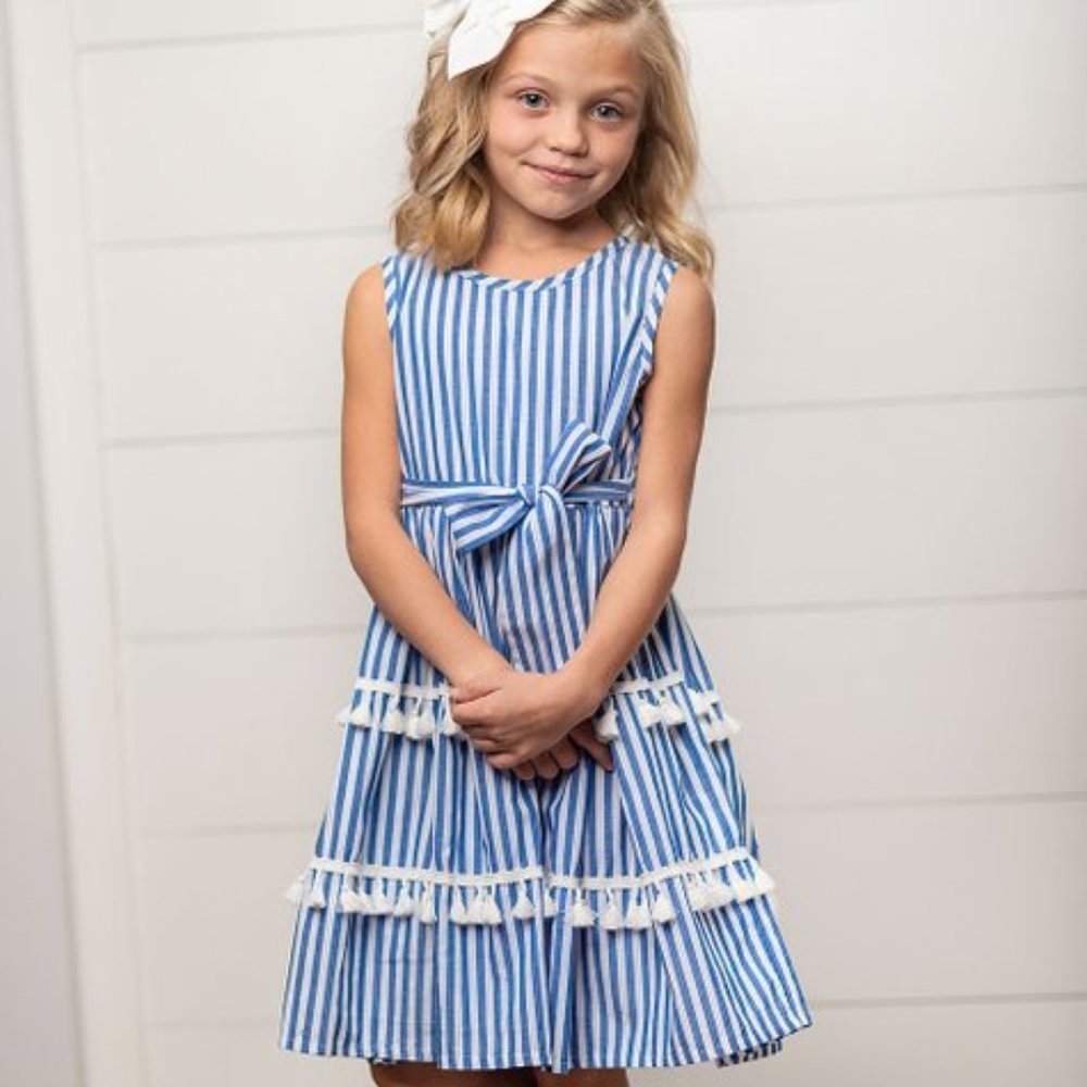 Blue & White Stripe Tiered Sleeveless Dress - Girls - NWT